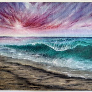 wave oil painting with turquoise water and a crimson and purple sunset