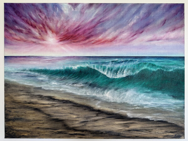 wave oil painting with turquoise water and a crimson and purple sunset