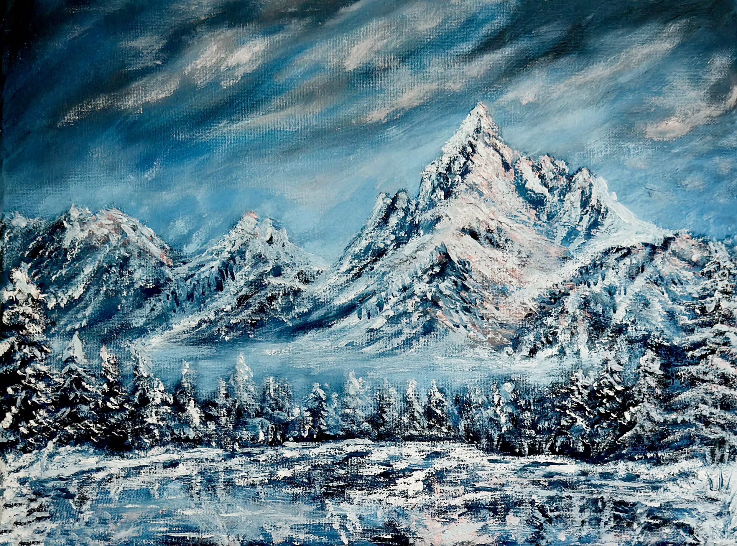 snowy landscape painting Tetons mountains