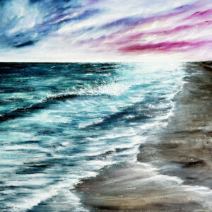 Pink sunset, teal blue water seascape painting, wrightsville beach, nc
